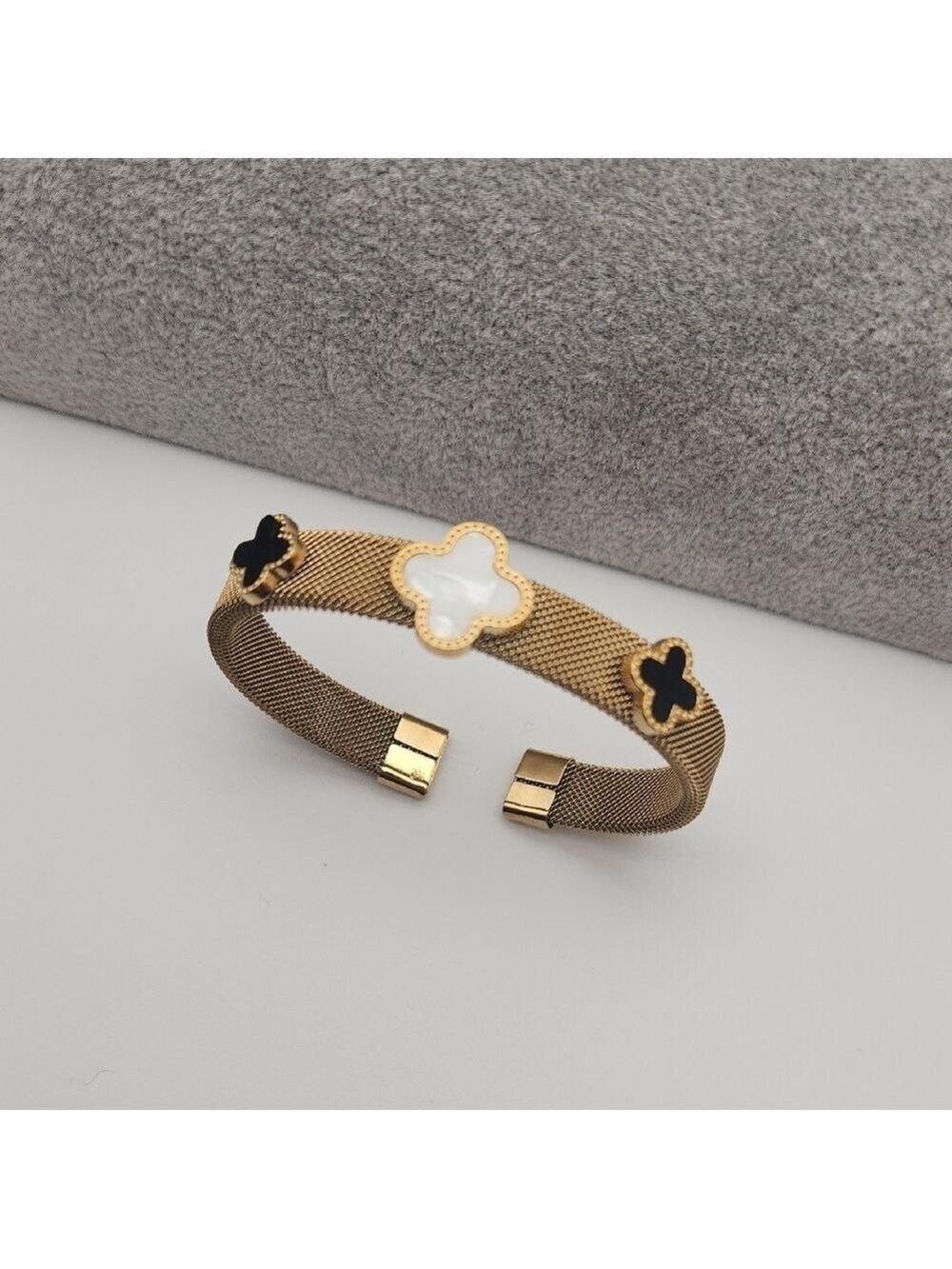 Gold Tone Clover Mesh Bracelet | Pearl White & Black Inlay | Modern Minimalist